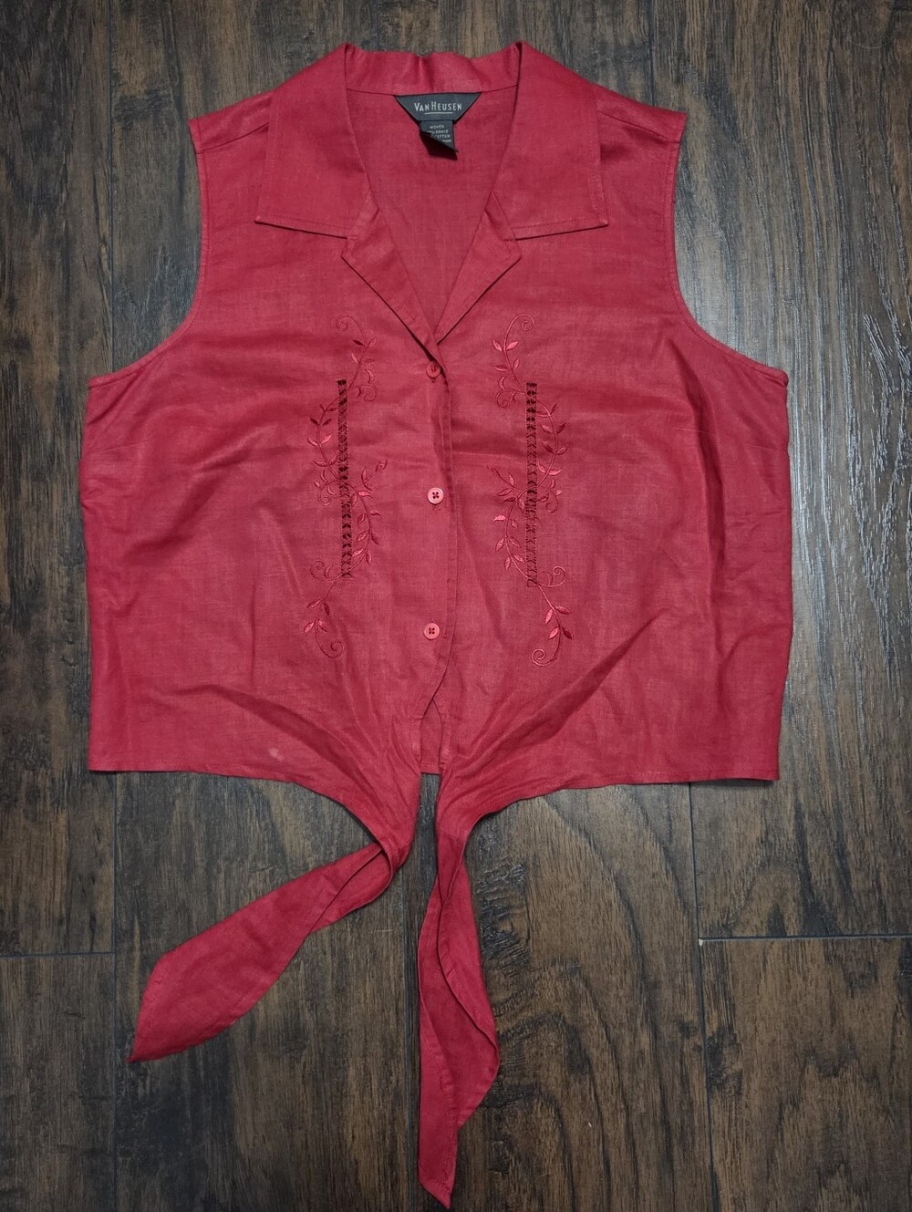 Vintage Red Embroidered Tie Front Top Size M - Picture 3 of 7